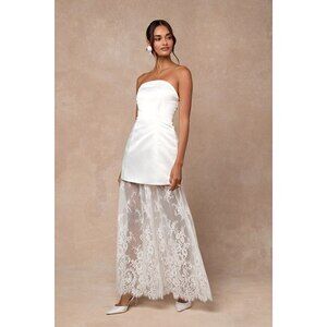 Lulus Winslet White Satin Sheer Hem Strapless Maxi Dress lace bottom - Size S